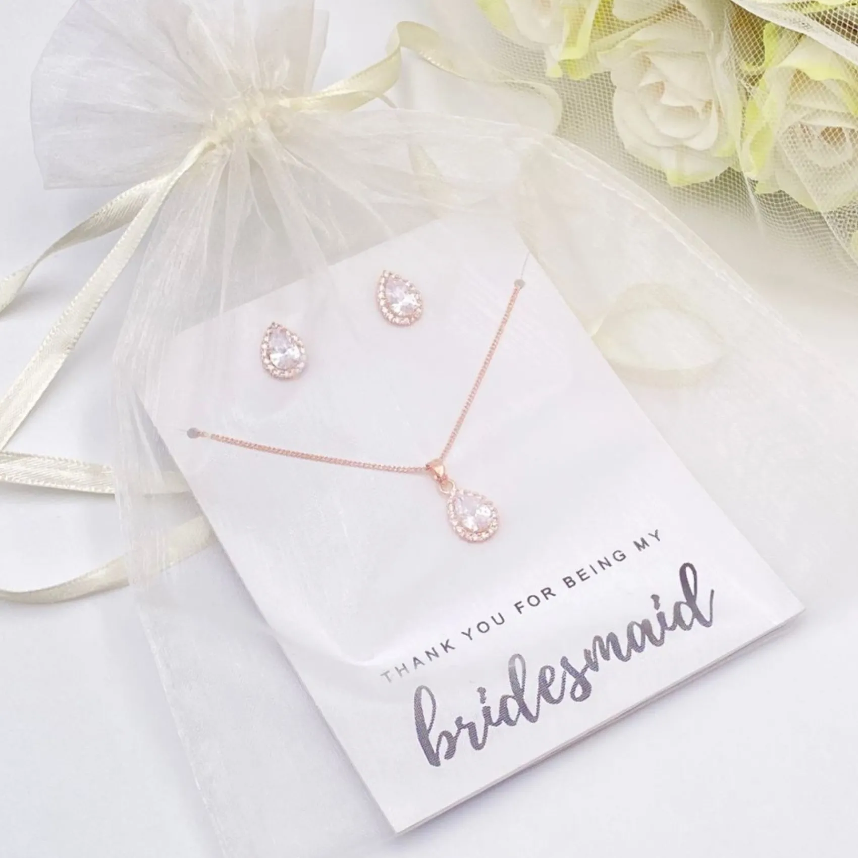 Lace & Favour Bridesmaid Gifts | Crystal Jewellery*'Thank You For Being My Bridesmaid' Rose Gold Stud Jewellery Set