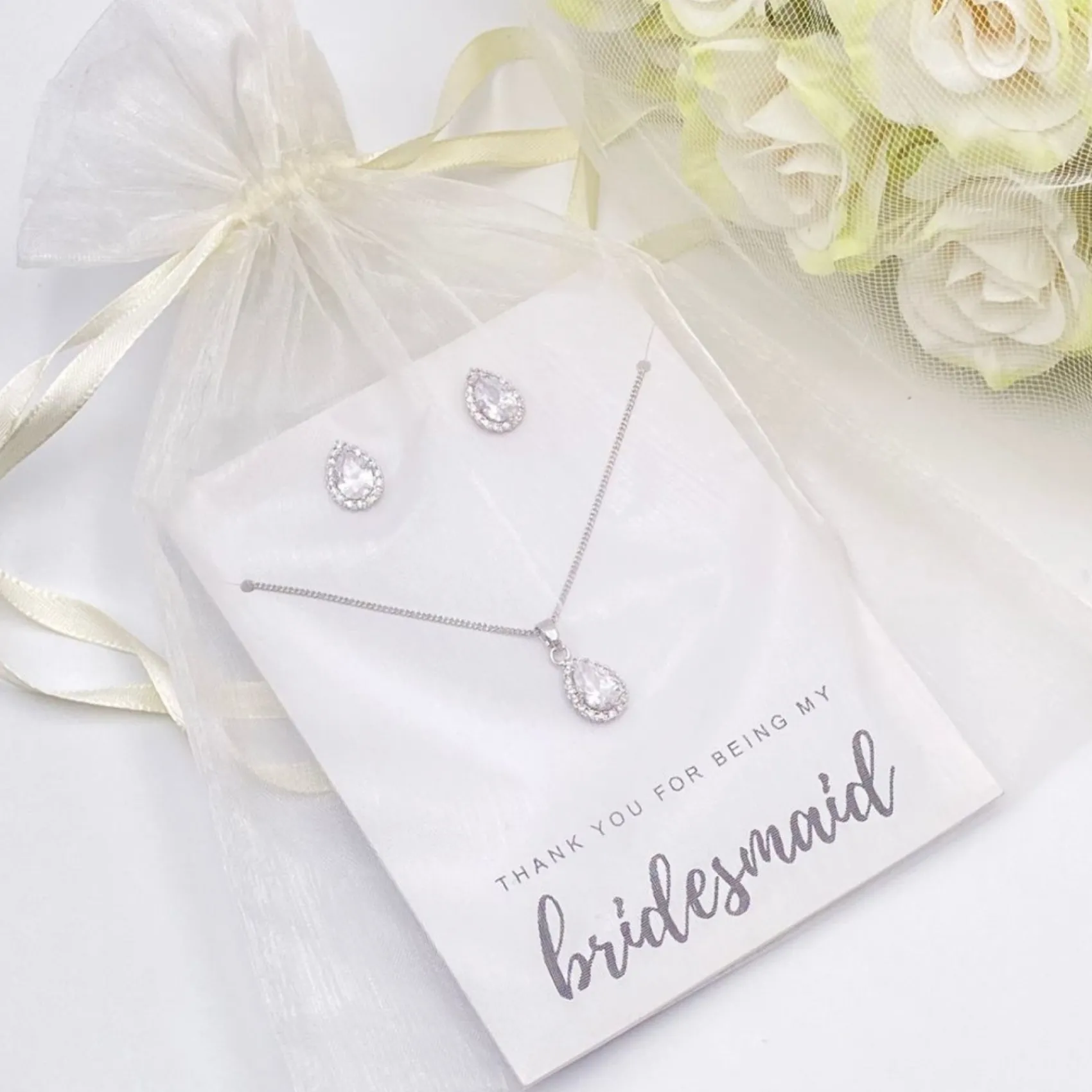 Lace & Favour Bridesmaid Gifts | Silver Wedding Jewellery*'Thank You For Being My Bridesmaid' Silver Crystal Stud Jewellery Set
