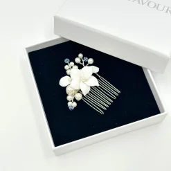 Beads & Beyond Something Blue Gifts | Bride Gifts*Tiffany Pearl and Light Sapphire Crystal Floral Mini Comb Ivory/ Blue/ Silver