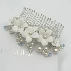 Beads & Beyond Something Blue Gifts | Bride Gifts*Tiffany Pearl and Light Sapphire Crystal Floral Hair Comb Ivory/ Blue/ Silver