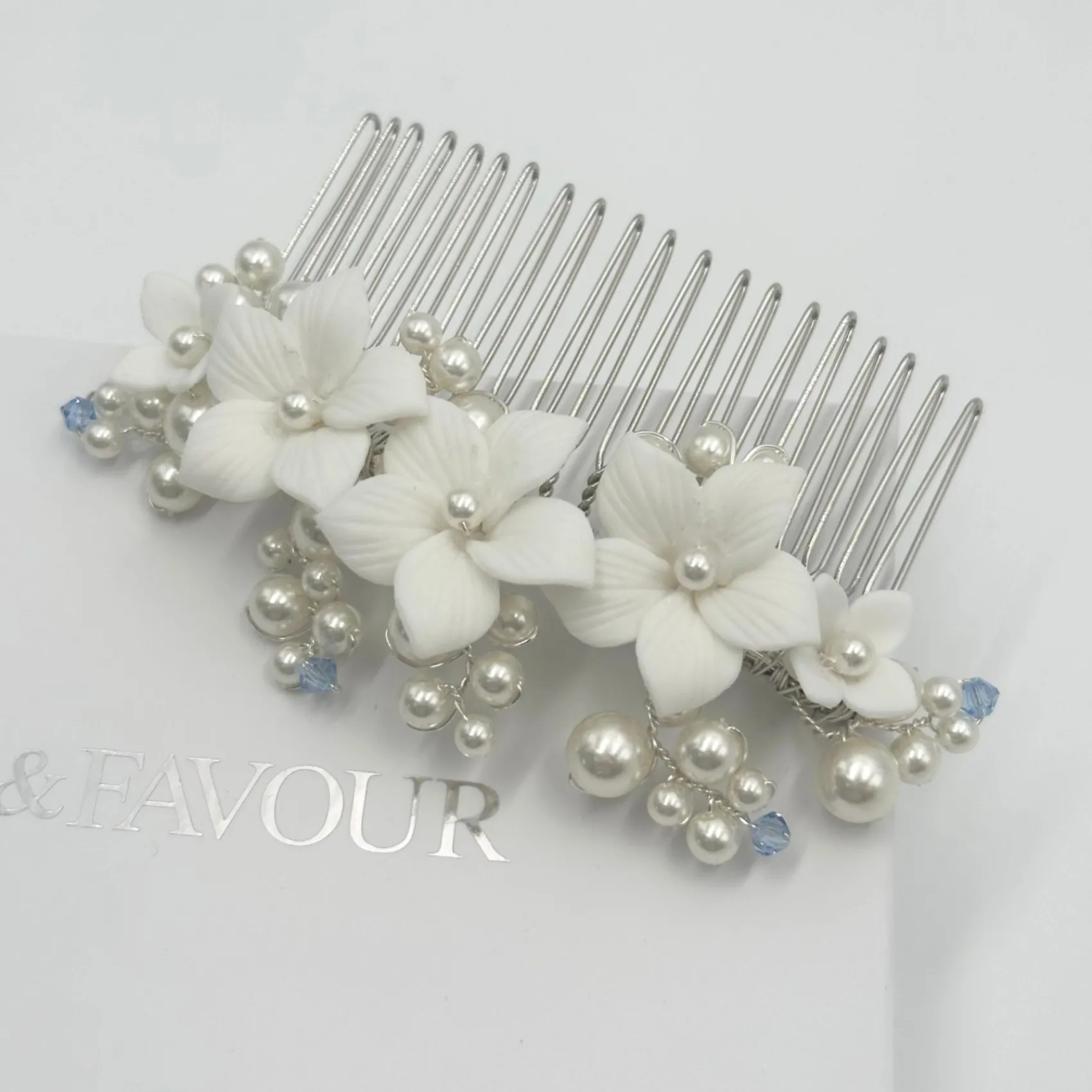 Beads & Beyond Something Blue Gifts | Bride Gifts*Tiffany Pearl and Light Sapphire Crystal Floral Hair Comb Ivory/ Blue/ Silver