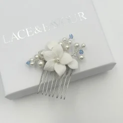 Beads & Beyond Something Blue Gifts | Bride Gifts*Tiffany Pearl and Light Sapphire Crystal Floral Mini Comb Ivory/ Blue/ Silver