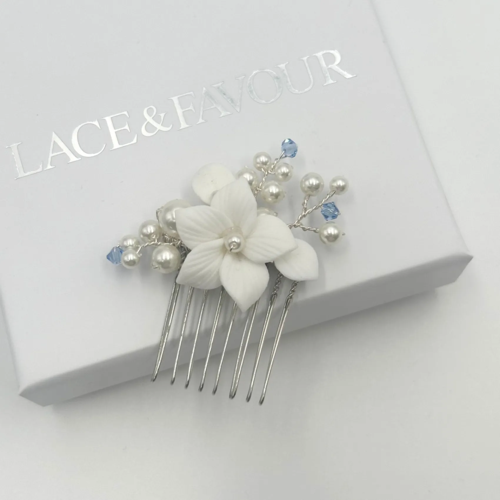 Beads & Beyond Something Blue Gifts | Bride Gifts*Tiffany Pearl and Light Sapphire Crystal Floral Mini Comb Ivory/ Blue/ Silver