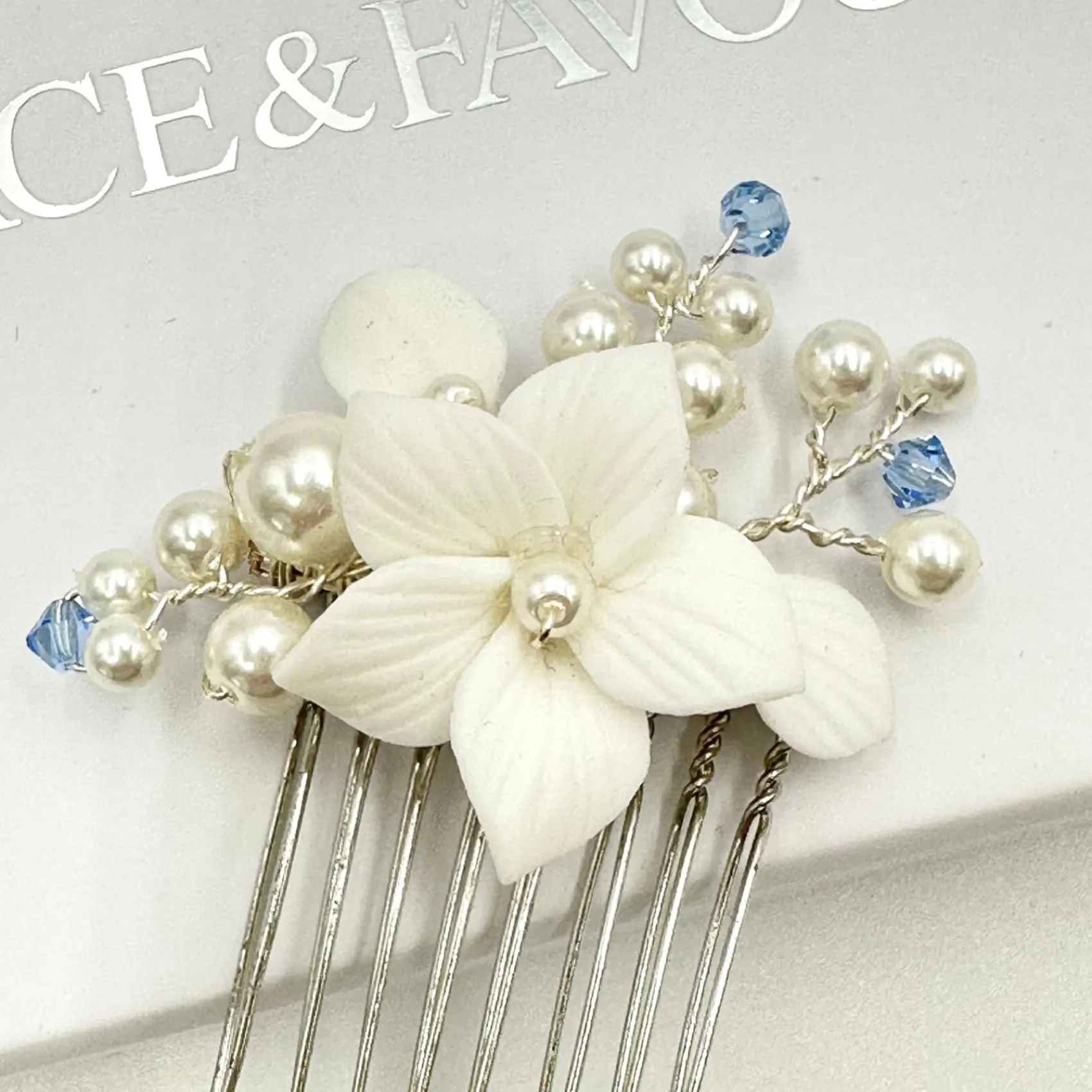 Beads & Beyond Something Blue Gifts | Bride Gifts*Tiffany Pearl and Light Sapphire Crystal Floral Mini Comb Ivory/ Blue/ Silver