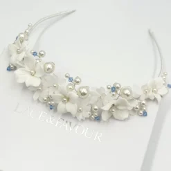 Beads & Beyond Something Blue Gifts | Bride Gifts*Tiffany Pearl and Light Sapphire Crystal Floral Tiara Ivory/ Blue/ Silver