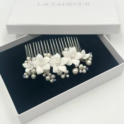 Beads & Beyond Something Blue Gifts | Bride Gifts*Tiffany Pearl and Light Sapphire Crystal Floral Hair Comb Ivory/ Blue/ Silver