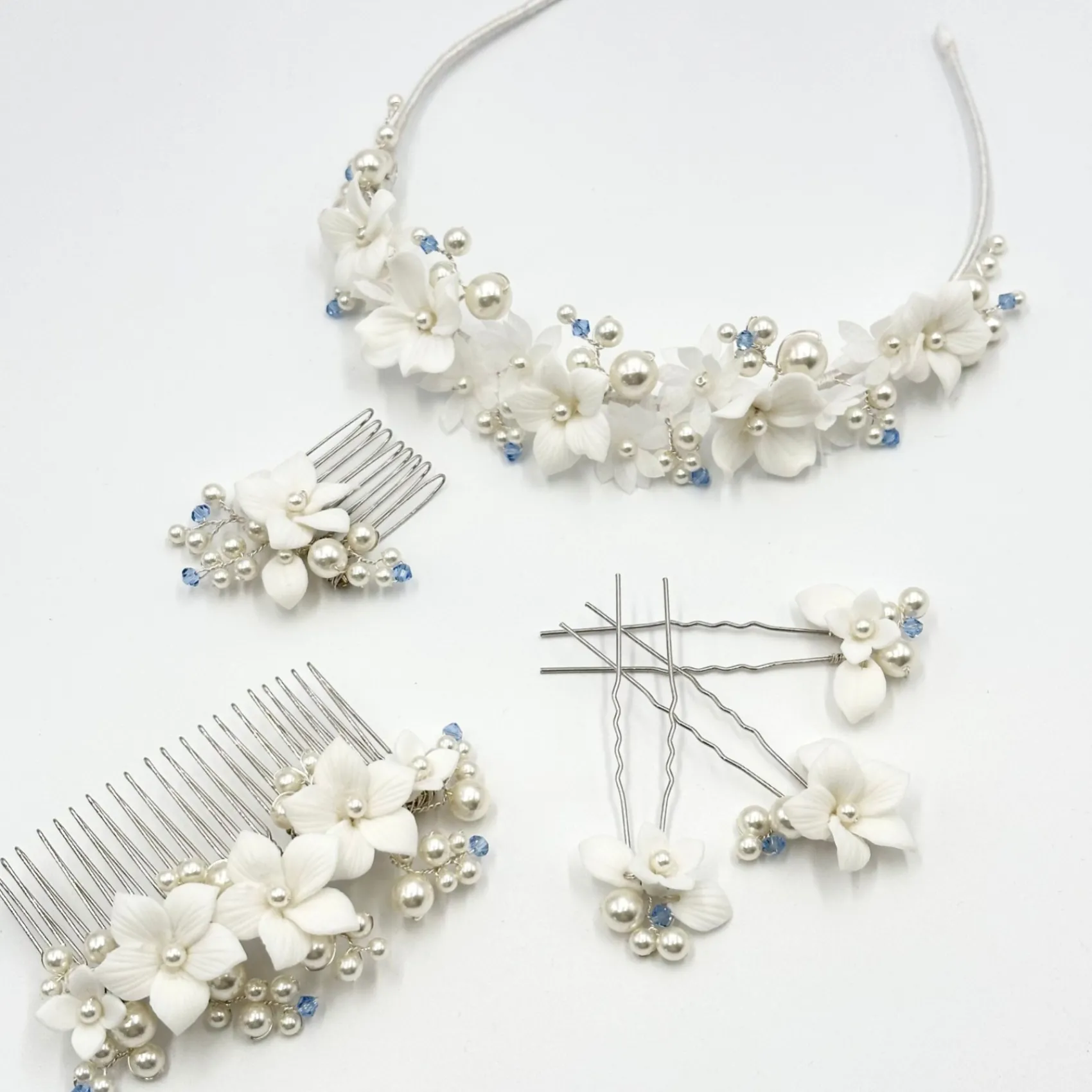 Beads & Beyond Something Blue Gifts | Bride Gifts*Tiffany Pearl and Light Sapphire Crystal Floral Hair Comb Ivory/ Blue/ Silver