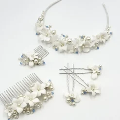 Beads & Beyond Something Blue Gifts | Bride Gifts*Tiffany Pearl and Light Sapphire Crystal Floral Tiara Ivory/ Blue/ Silver