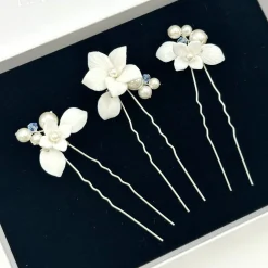 Beads & Beyond Something Blue Gifts | Bride Gifts*Tiffany Set of 3 Pearl and Light Sapphire Crystal Floral Hair Pins Ivory/ Blue/ Silver