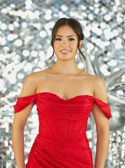Tiffanys Prom Tiffanys Prom Dresses | Red Prom Dresses*Tiffanys Kennedy Red Sparkly Off The Shoulder Prom Dress with Slit