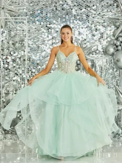 Tiffanys Prom Tiffanys Prom Dresses | Green Prom Dresses*Tiffanys Skye Pale Green Sparkly Ruffle Prom Dress with Floral Bodice