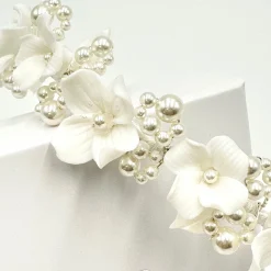 Beads & Beyond Pearl Hair Accessories | Silver Hair Accessories*Trinity Ivory Ceramic Flower and Pearl Wedding Headband Ivory/ Silver