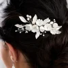 Lace & Favour Pearl Hair Accessories | Silver Hair Accessories*Tulippa Porcelain Flowers and Silver Leaves Hair Comb Ivory/ Silver