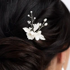 Lace & Favour Pearl Hair Accessories | Silver Hair Accessories*Tulippa Porcelain Flowers and Silver Leaves Hair Pin Ivory/ Silver