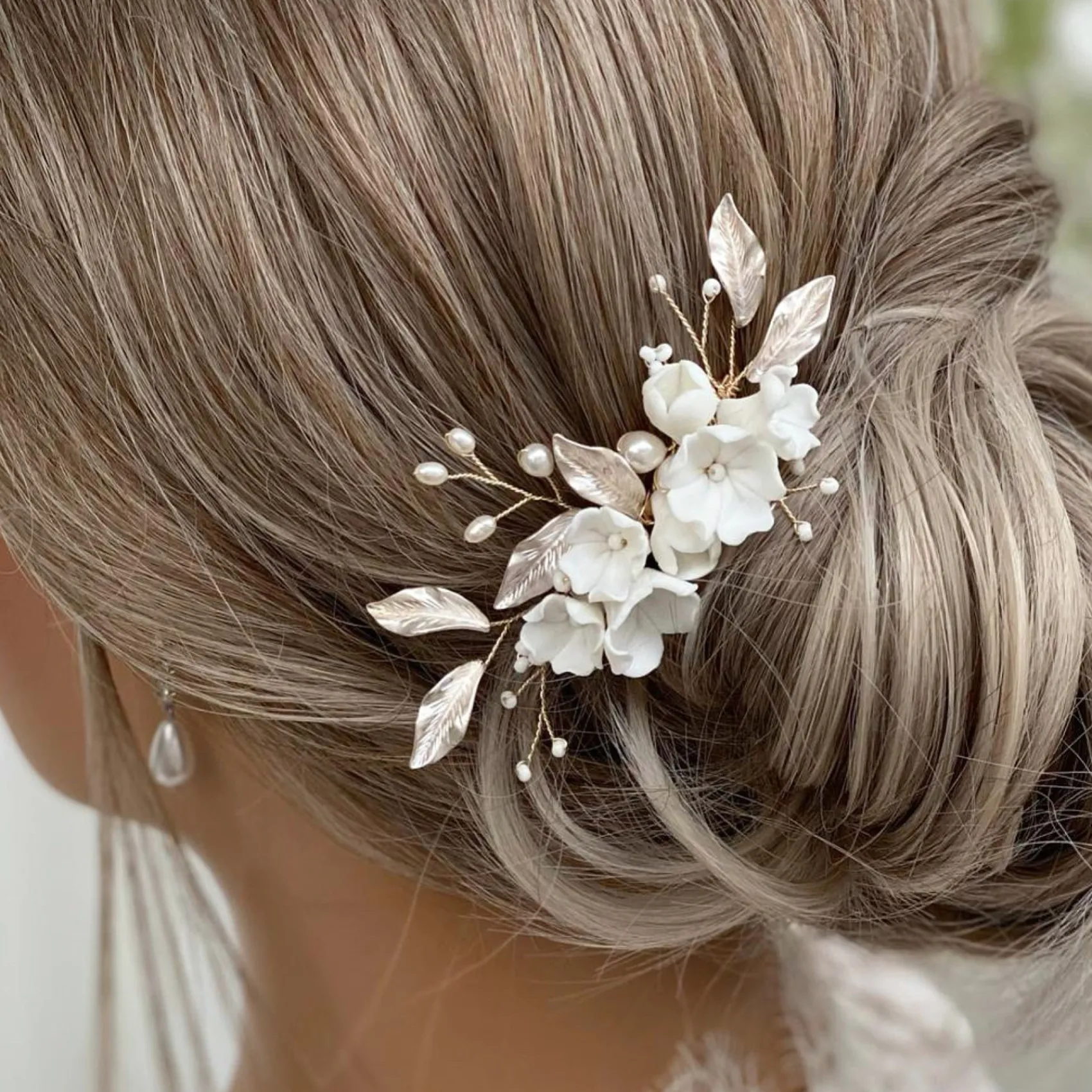 Lace & Favour Pearl Hair Accessories | Gold Hair Accessories*Tulippa Porcelain Flowers and Champagne Gold Leaves Hair Comb Ivory/ Champagne/ Gold