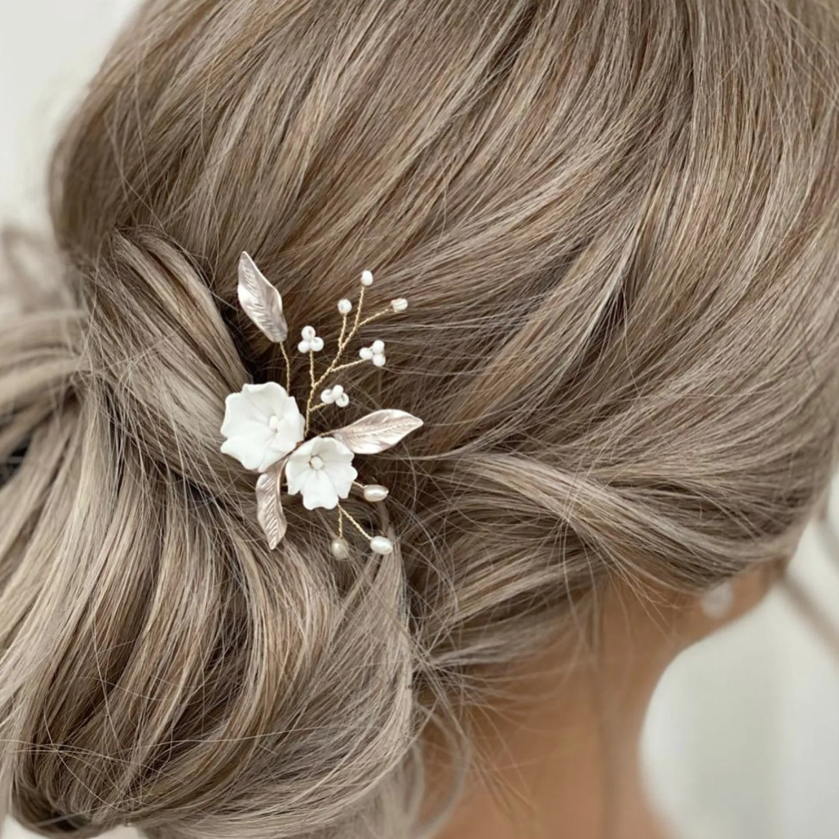 Lace & Favour Pearl Hair Accessories | Gold Hair Accessories*Tulippa Porcelain Flowers and Champagne Gold Leaves Hair Pin Ivory/ Champagne/ Gold