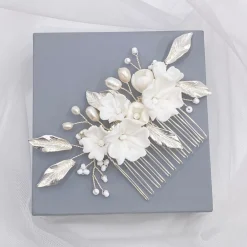 Lace & Favour Pearl Hair Accessories | Silver Hair Accessories*Tulippa Porcelain Flowers and Silver Leaves Hair Comb Ivory/ Silver