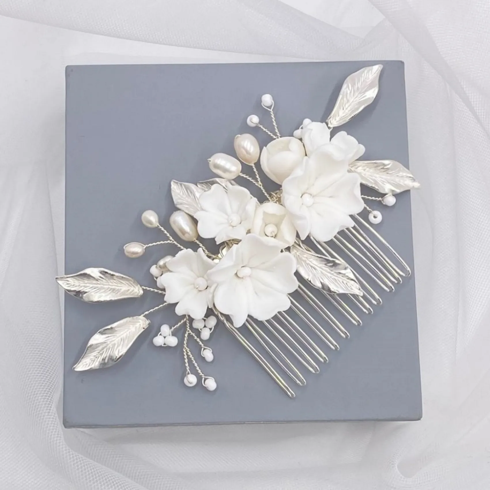 Lace & Favour Pearl Hair Accessories | Silver Hair Accessories*Tulippa Porcelain Flowers and Silver Leaves Hair Comb Ivory/ Silver