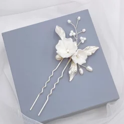 Lace & Favour Pearl Hair Accessories | Silver Hair Accessories*Tulippa Porcelain Flowers and Silver Leaves Hair Pin Ivory/ Silver