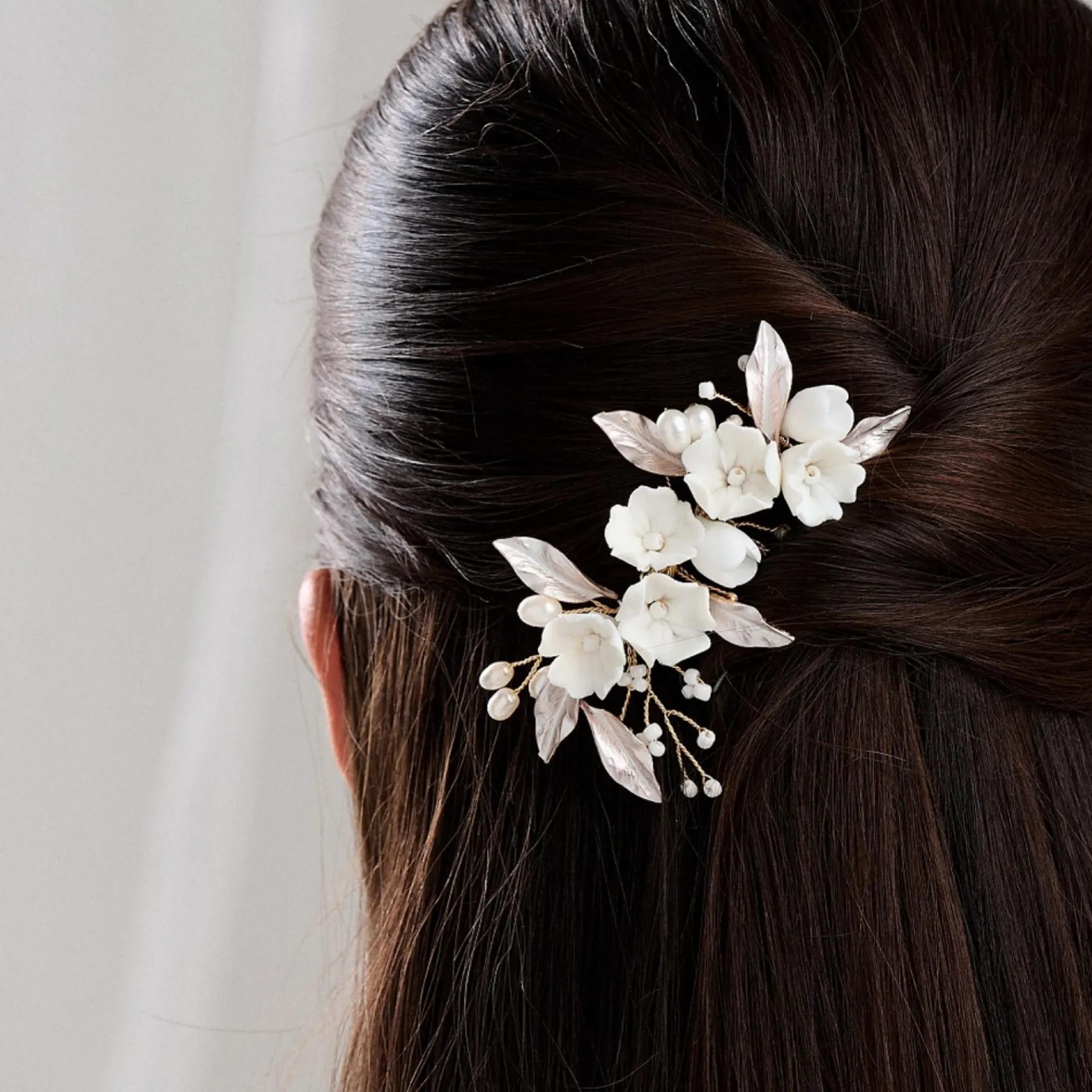 Lace & Favour Pearl Hair Accessories | Gold Hair Accessories*Tulippa Porcelain Flowers and Champagne Gold Leaves Hair Comb Ivory/ Champagne/ Gold
