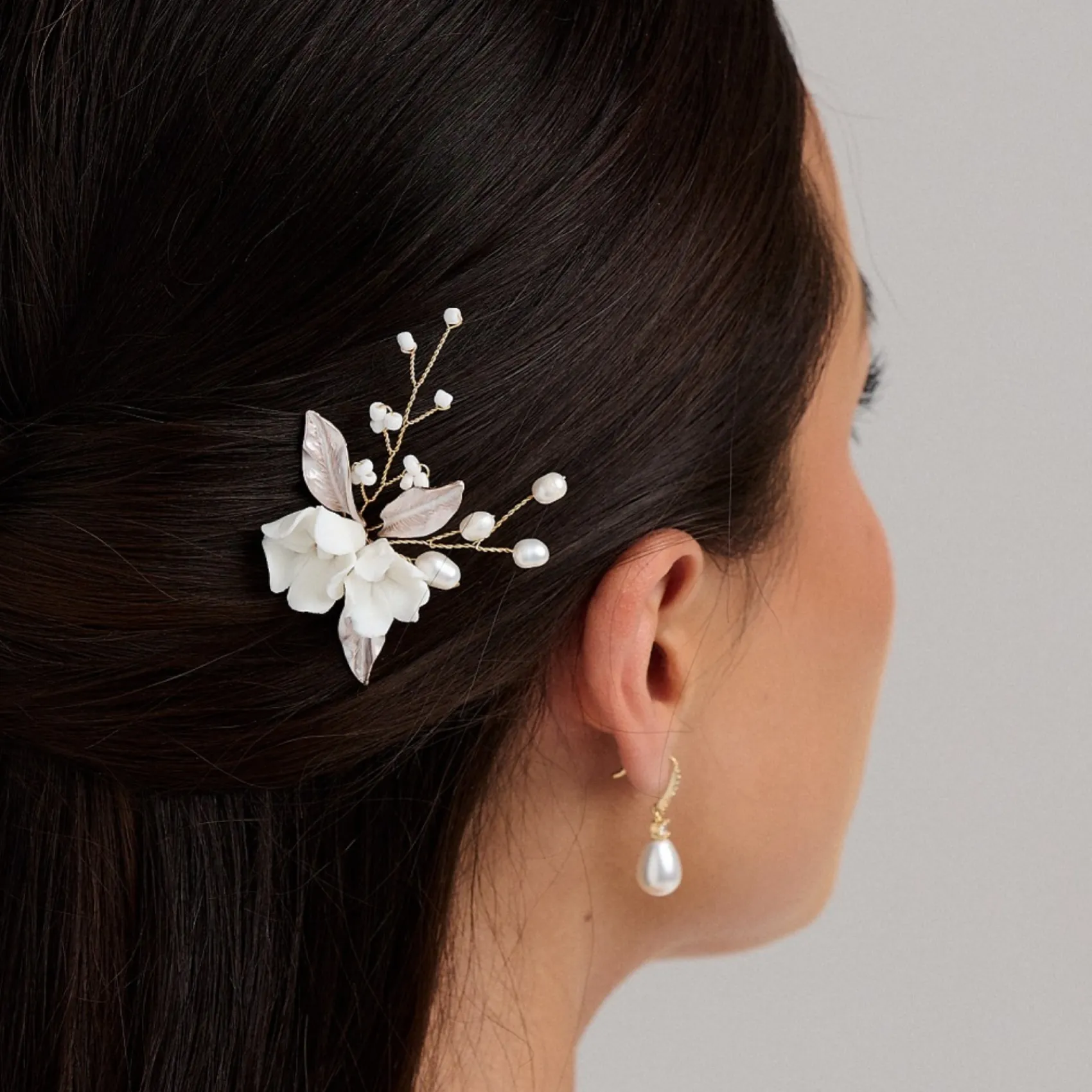 Lace & Favour Pearl Hair Accessories | Gold Hair Accessories*Tulippa Porcelain Flowers and Champagne Gold Leaves Hair Pin Ivory/ Champagne/ Gold