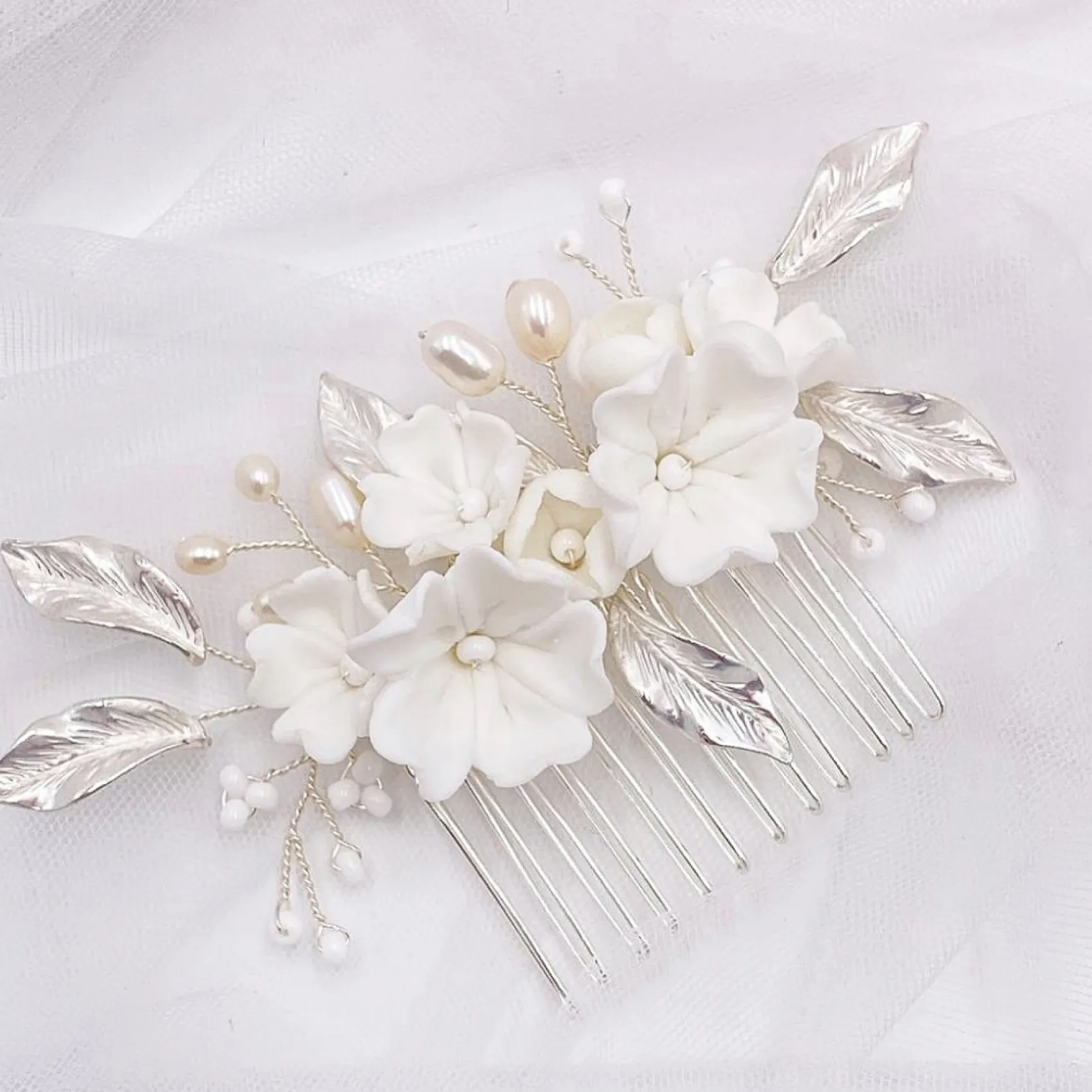 Lace & Favour Pearl Hair Accessories | Silver Hair Accessories*Tulippa Porcelain Flowers and Silver Leaves Hair Comb Ivory/ Silver