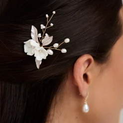 Lace & Favour Pearl Hair Accessories | Gold Hair Accessories*Tulippa Porcelain Flowers and Champagne Gold Leaves Hair Pin Ivory/ Champagne/ Gold