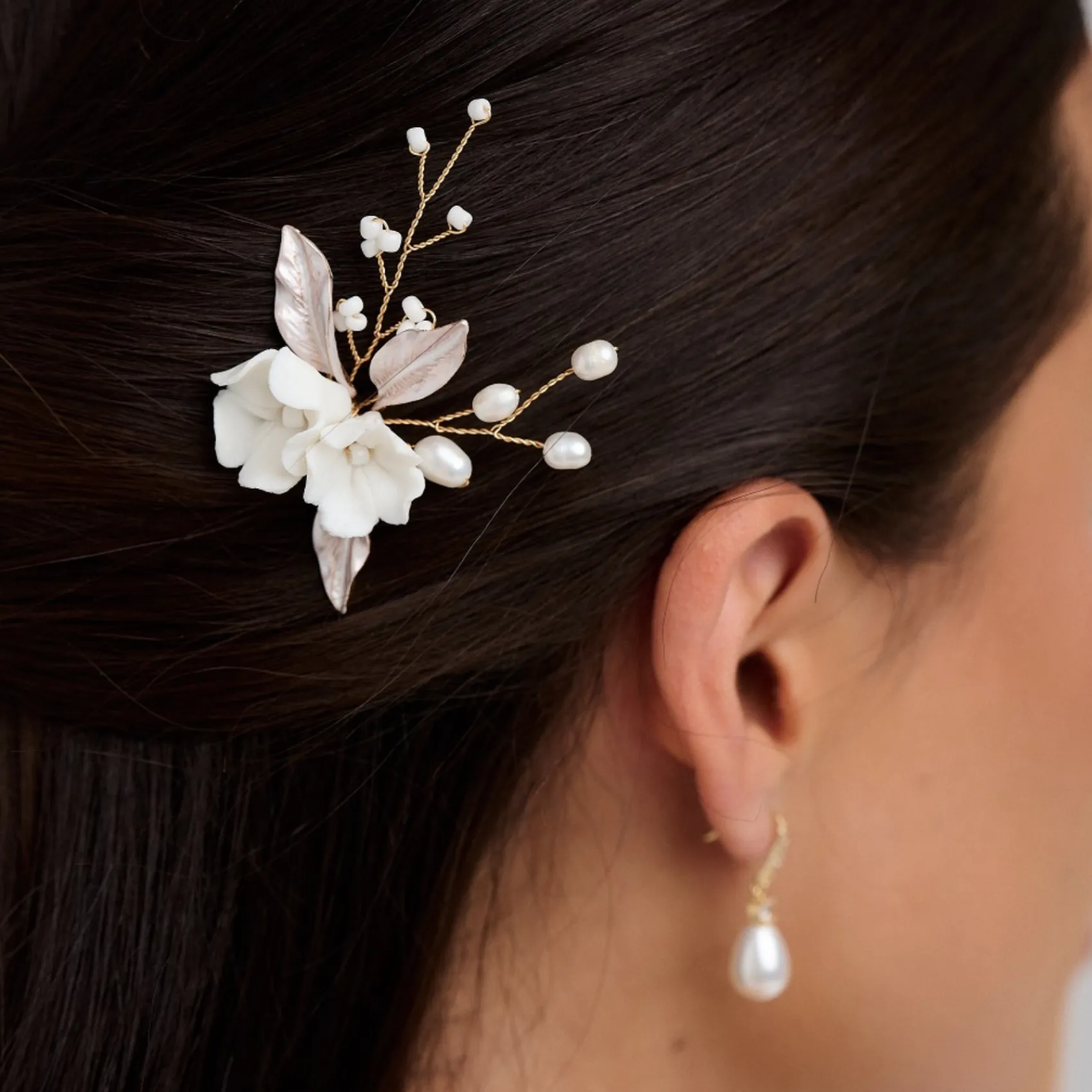 Lace & Favour Pearl Hair Accessories | Gold Hair Accessories*Tulippa Porcelain Flowers and Champagne Gold Leaves Hair Pin Ivory/ Champagne/ Gold