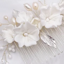 Lace & Favour Pearl Hair Accessories | Silver Hair Accessories*Tulippa Porcelain Flowers and Silver Leaves Hair Comb Ivory/ Silver