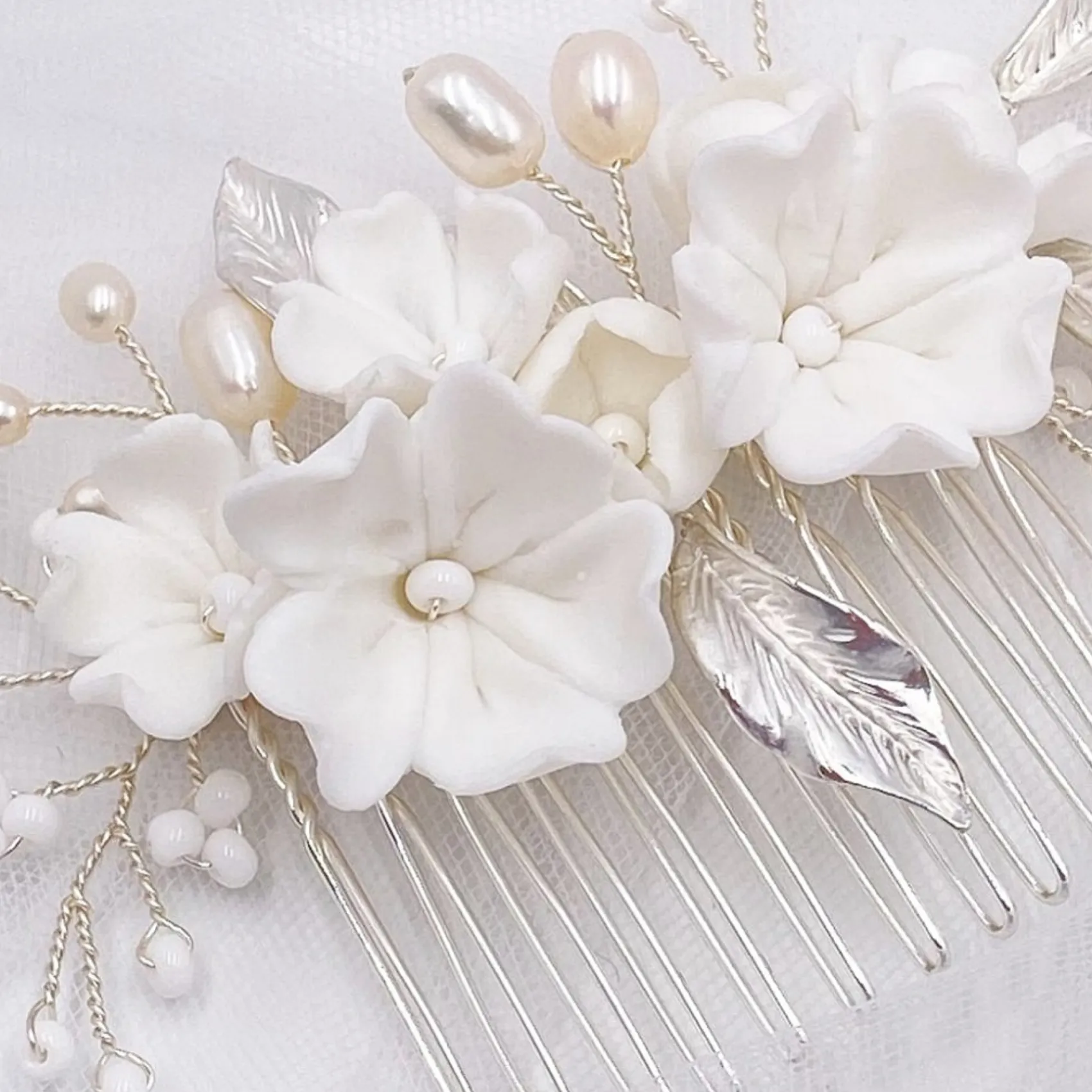 Lace & Favour Pearl Hair Accessories | Silver Hair Accessories*Tulippa Porcelain Flowers and Silver Leaves Hair Comb Ivory/ Silver