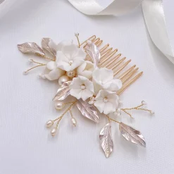 Lace & Favour Pearl Hair Accessories | Gold Hair Accessories*Tulippa Porcelain Flowers and Champagne Gold Leaves Hair Comb Ivory/ Champagne/ Gold