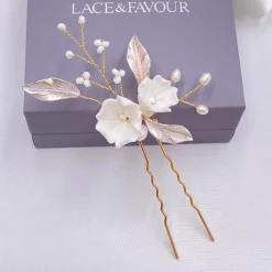 Lace & Favour Pearl Hair Accessories | Gold Hair Accessories*Tulippa Porcelain Flowers and Champagne Gold Leaves Hair Pin Ivory/ Champagne/ Gold