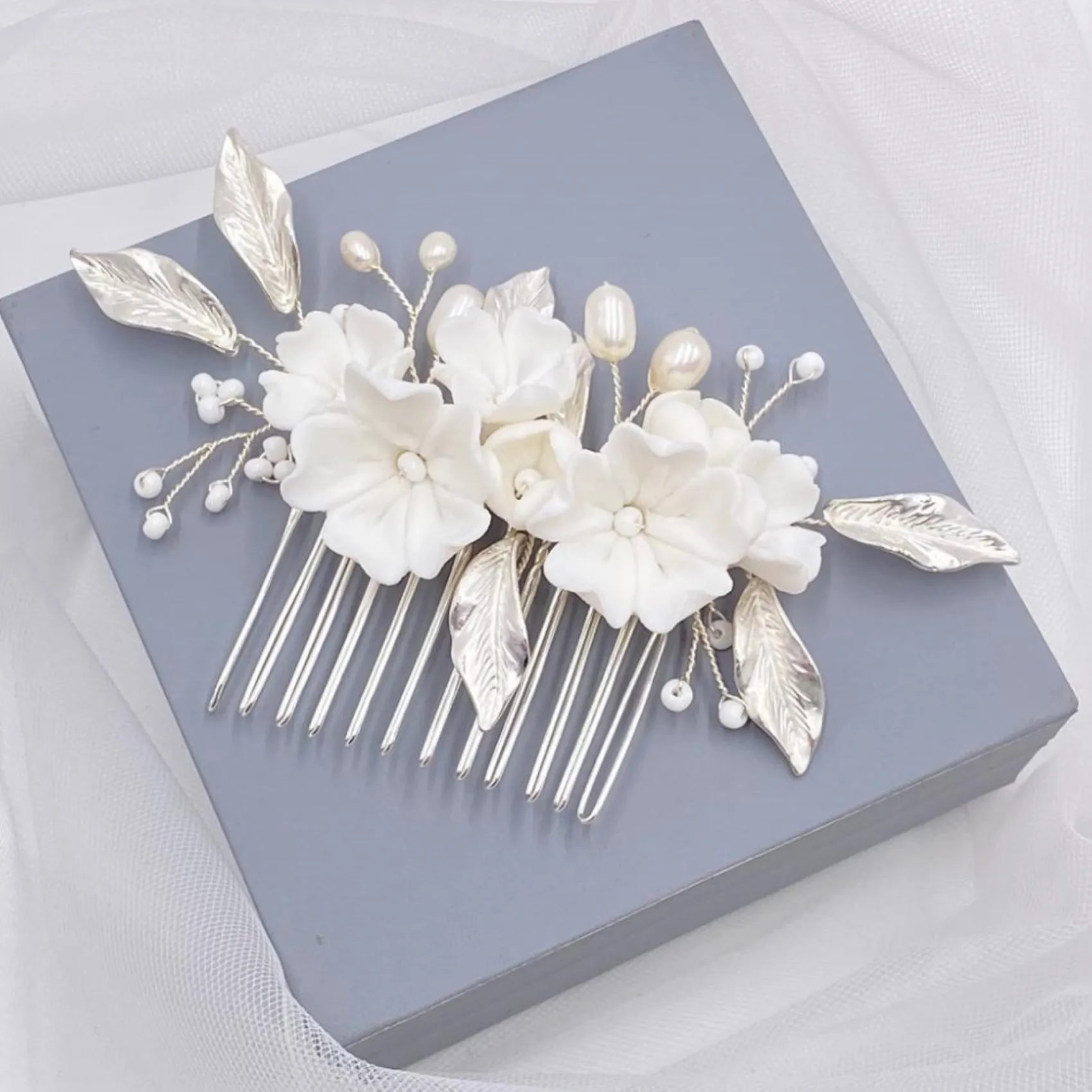 Lace & Favour Pearl Hair Accessories | Silver Hair Accessories*Tulippa Porcelain Flowers and Silver Leaves Hair Comb Ivory/ Silver