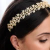 Lace & Favour Crystal Hair Accessories | Gold Hair Accessories*Tuscany Gold Crystal Leaves and Pearl Wedding Headband Ivory/ Gold