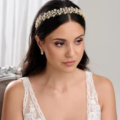 Lace & Favour Crystal Hair Accessories | Gold Hair Accessories*Tuscany Gold Crystal Leaves and Pearl Wedding Headband Ivory/ Gold