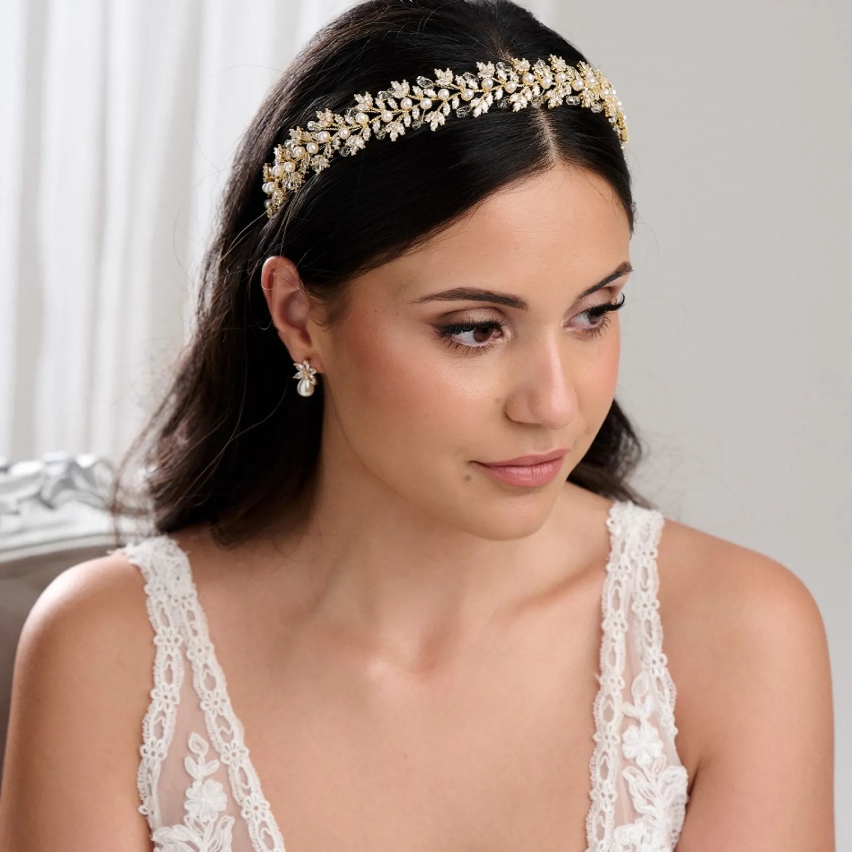 Lace & Favour Crystal Hair Accessories | Gold Hair Accessories*Tuscany Gold Crystal Leaves and Pearl Wedding Headband Ivory/ Gold