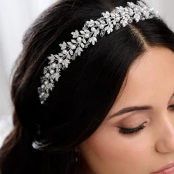 Lace & Favour Prom Headbands & Tiaras | Crystal Hair Accessories*Tuscany Silver Crystal Leaves and Pearl Wedding Headband Ivory/ Silver