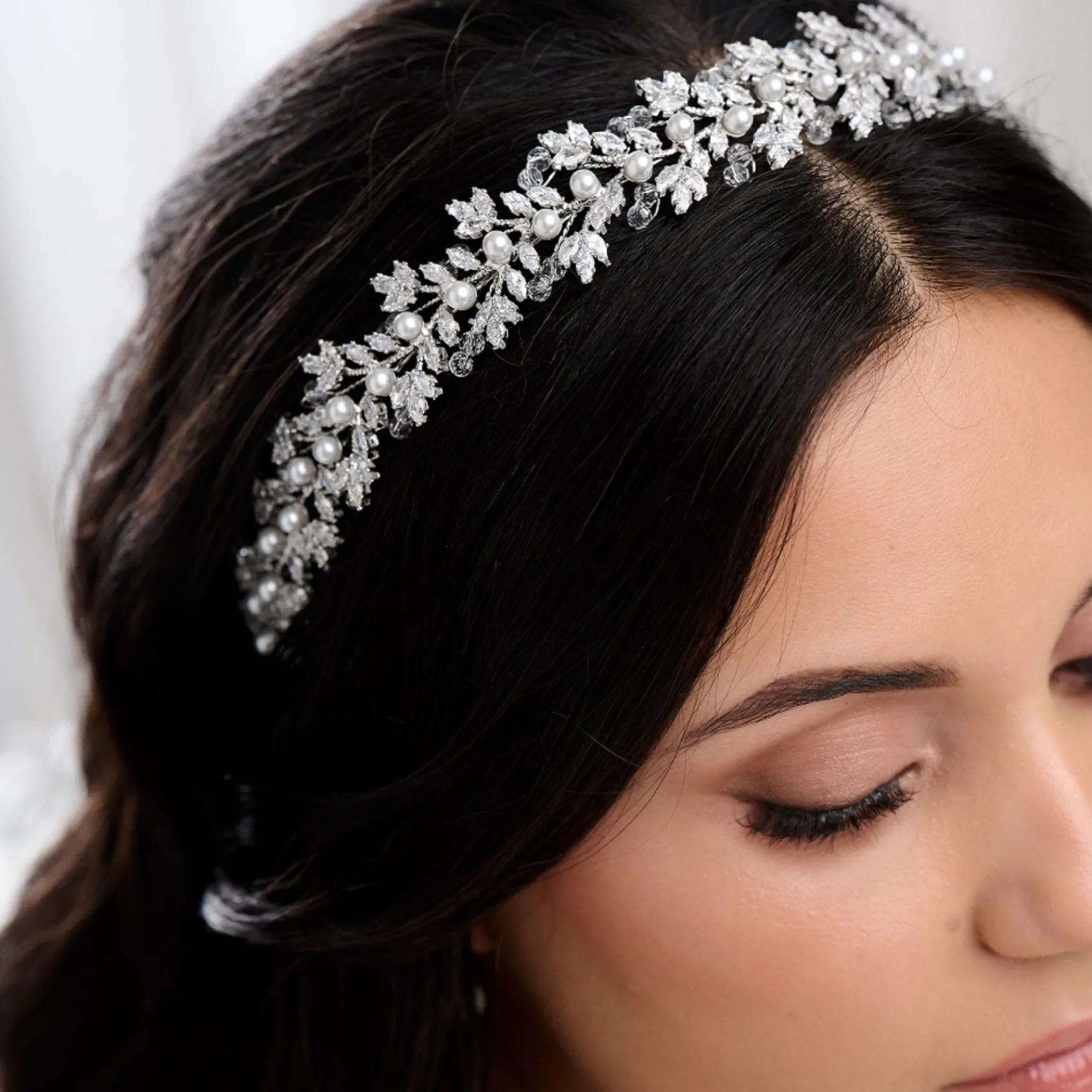 Lace & Favour Prom Headbands & Tiaras | Crystal Hair Accessories*Tuscany Silver Crystal Leaves and Pearl Wedding Headband Ivory/ Silver