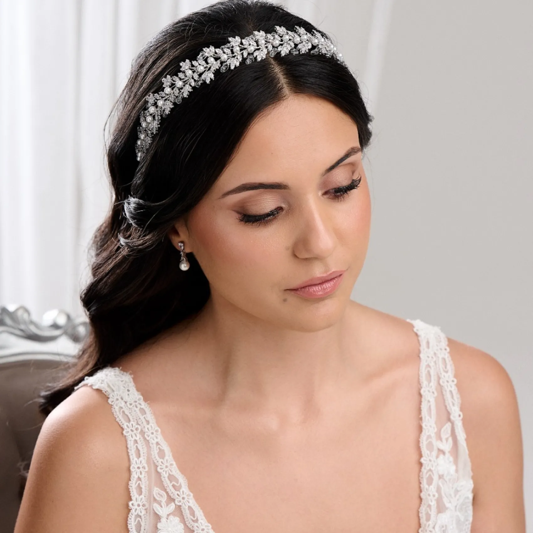 Lace & Favour Prom Headbands & Tiaras | Crystal Hair Accessories*Tuscany Silver Crystal Leaves and Pearl Wedding Headband Ivory/ Silver