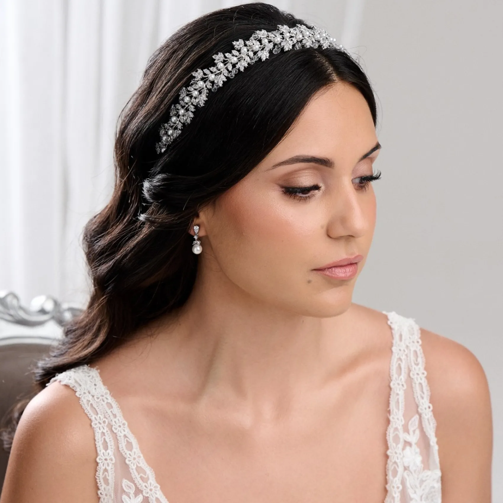 Lace & Favour Prom Headbands & Tiaras | Crystal Hair Accessories*Tuscany Silver Crystal Leaves and Pearl Wedding Headband Ivory/ Silver