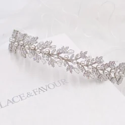 Lace & Favour Prom Headbands & Tiaras | Crystal Hair Accessories*Tuscany Silver Crystal Leaves and Pearl Wedding Headband Ivory/ Silver