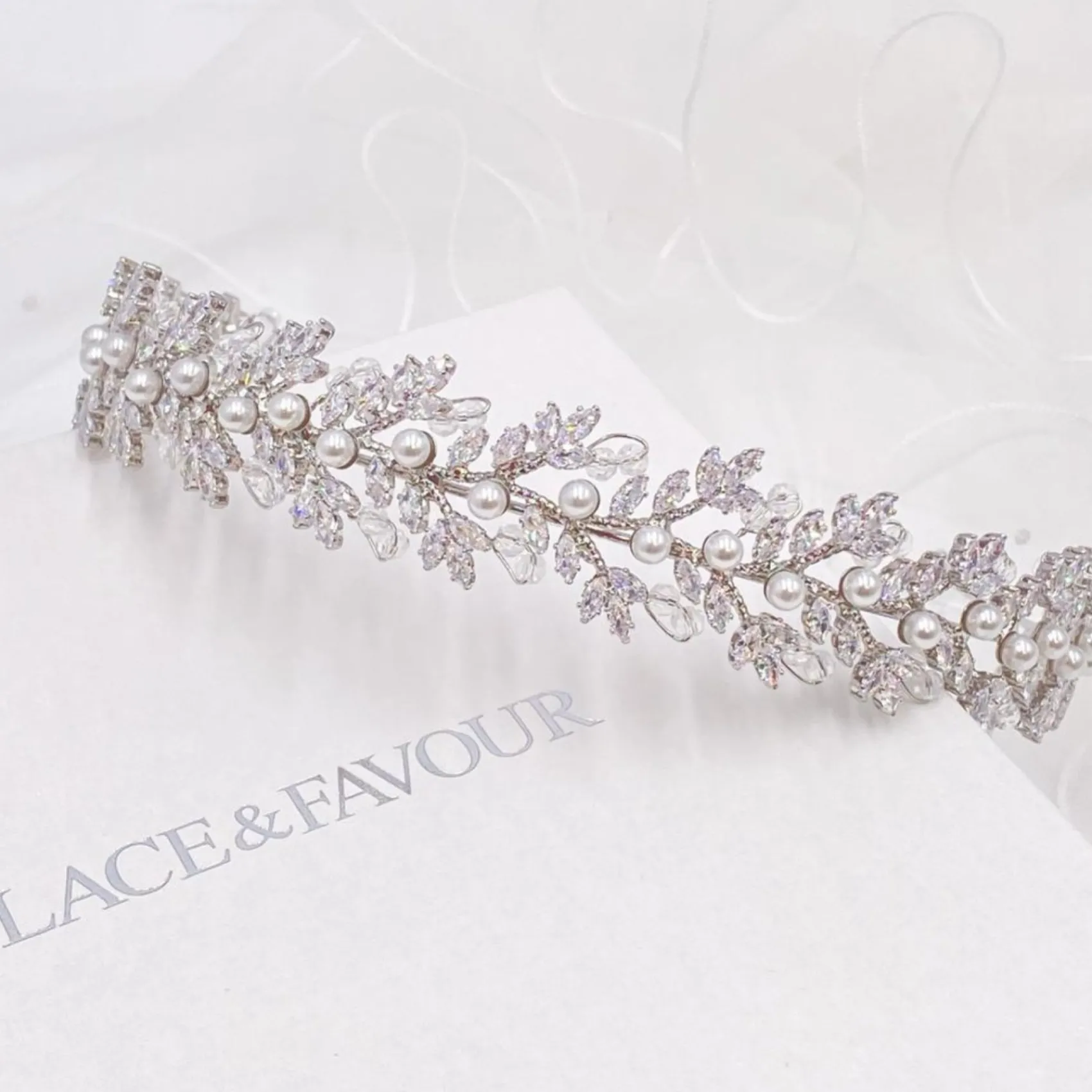 Lace & Favour Prom Headbands & Tiaras | Crystal Hair Accessories*Tuscany Silver Crystal Leaves and Pearl Wedding Headband Ivory/ Silver