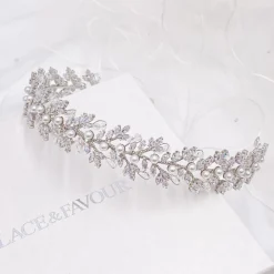 Lace & Favour Prom Headbands & Tiaras | Crystal Hair Accessories*Tuscany Silver Crystal Leaves and Pearl Wedding Headband Ivory/ Silver