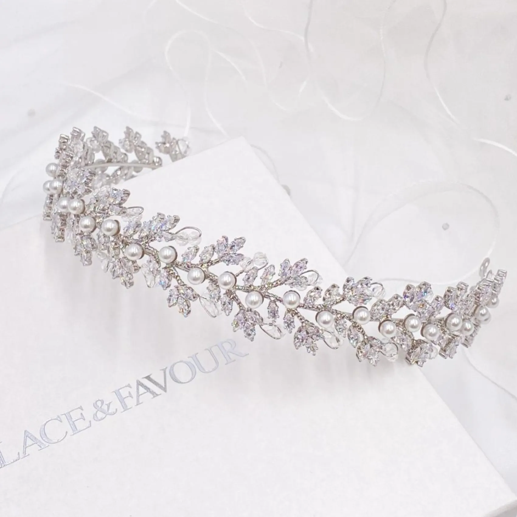 Lace & Favour Prom Headbands & Tiaras | Crystal Hair Accessories*Tuscany Silver Crystal Leaves and Pearl Wedding Headband Ivory/ Silver