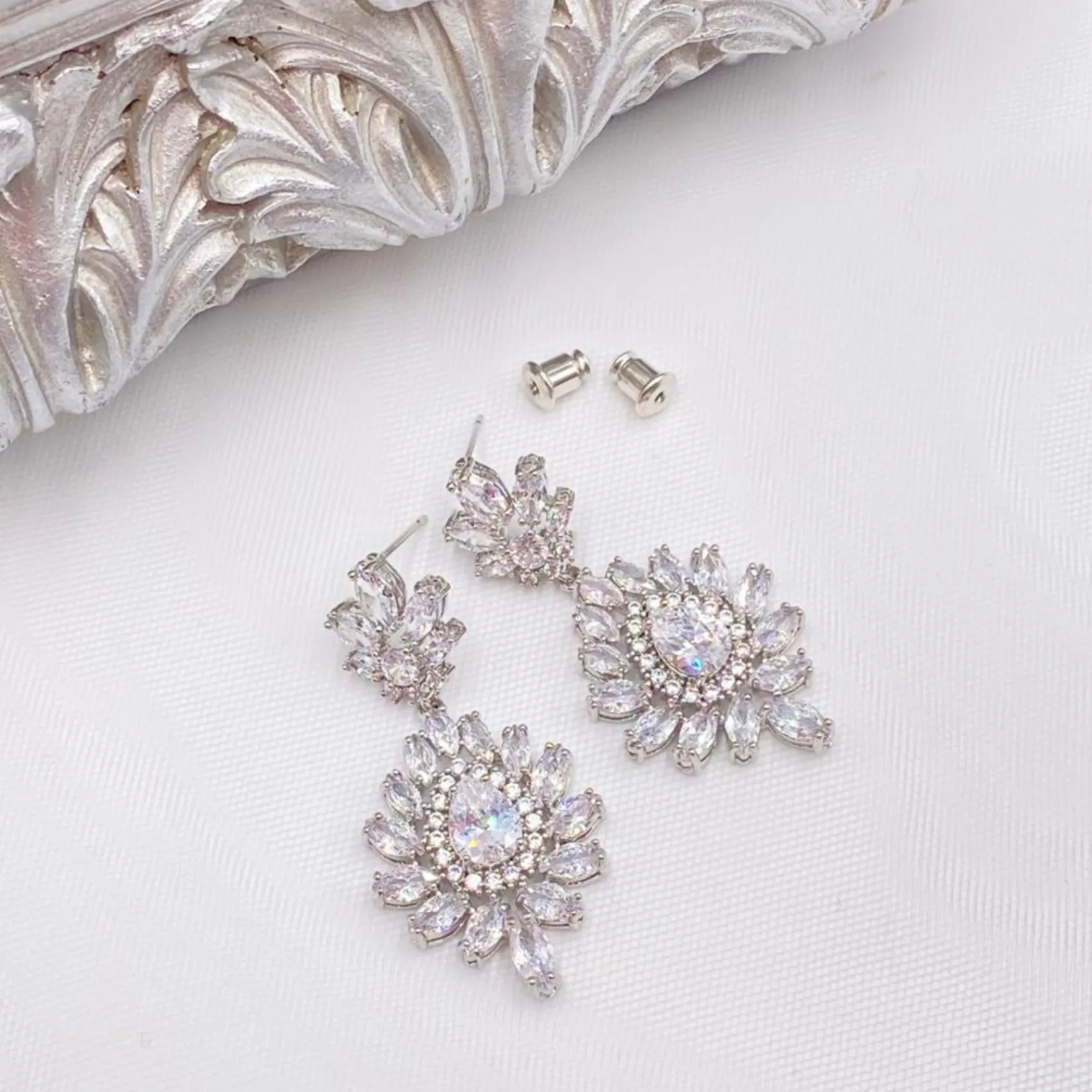 Lace & Favour Silver Prom Jewellery | Prom Earrings*Valencia Sparkling Statement CZ Chandelier Earrings Silver