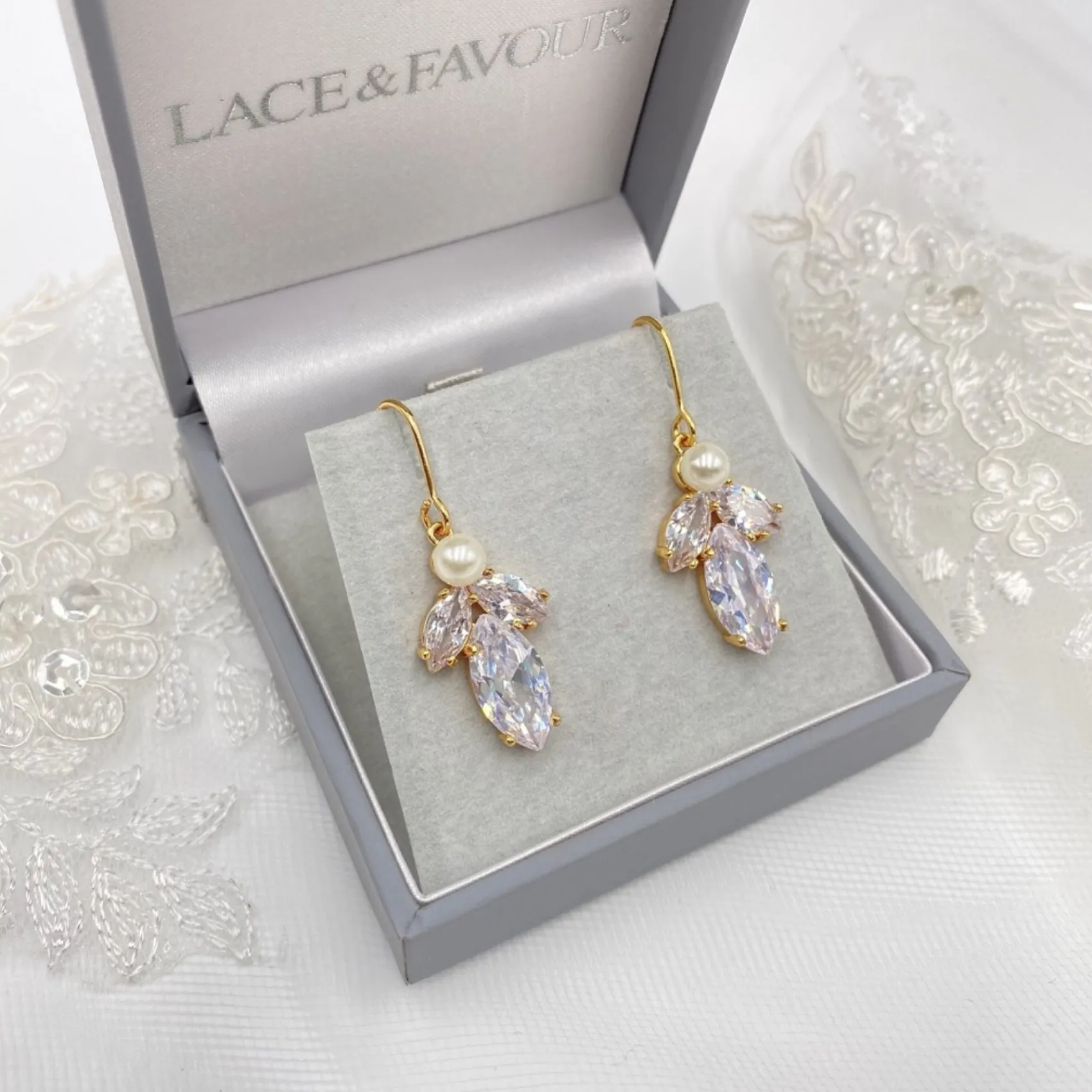 Lace & Favour Bride Gifts | Gold Wedding Jewellery*Vermont Gold Pearl and Crystal Drop Earrings Ivory/ Gold