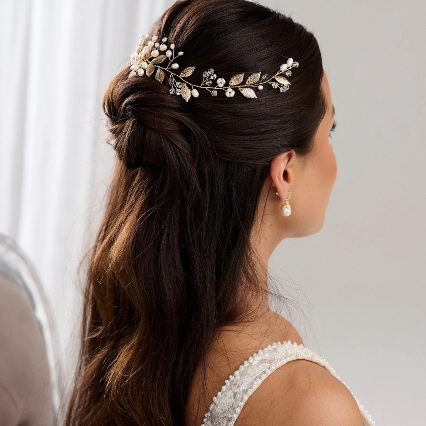 Lace & Favour Pearl Hair Accessories | Gold Hair Accessories*Woodland Dream Gold Leaves and Freshwater Pearl Hair Vine Ivory/ Gold