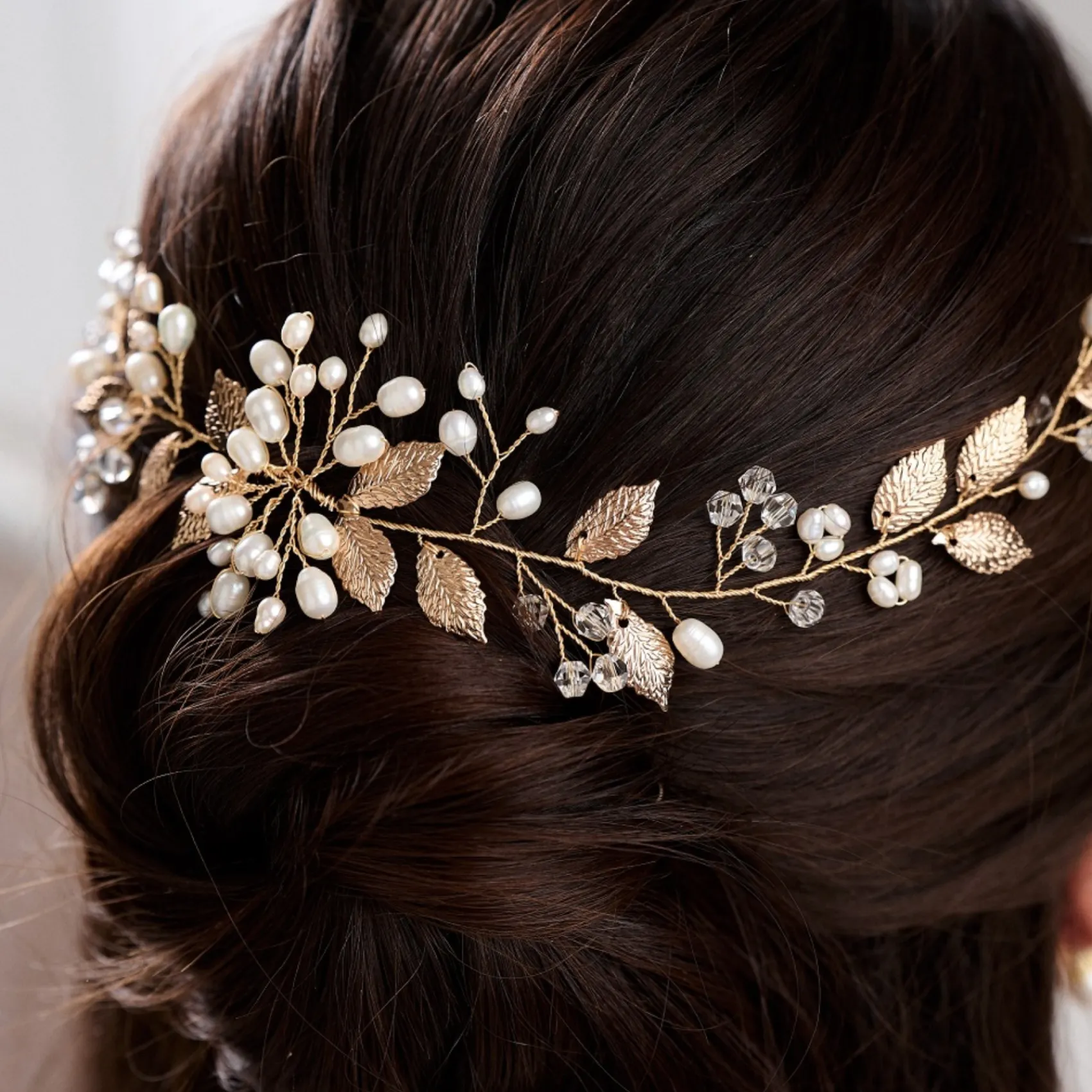 Lace & Favour Pearl Hair Accessories | Gold Hair Accessories*Woodland Dream Gold Leaves and Freshwater Pearl Hair Vine Ivory/ Gold