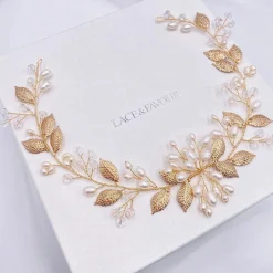 Lace & Favour Pearl Hair Accessories | Gold Hair Accessories*Woodland Dream Gold Leaves and Freshwater Pearl Hair Vine Ivory/ Gold