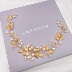 Lace & Favour Pearl Hair Accessories | Gold Hair Accessories*Woodland Dream Gold Leaves and Freshwater Pearl Hair Vine Ivory/ Gold
